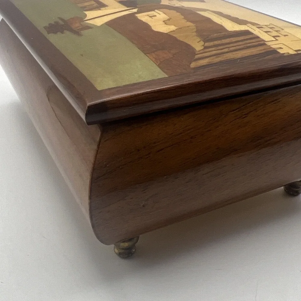 Vtg. Italian Sorrento Inlaid Wood Music Box Sailboat Coastal Scene Isle of Capri